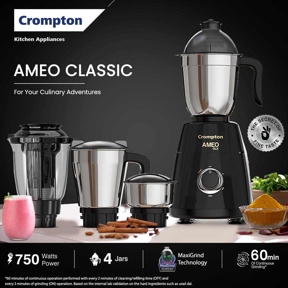 Crompton Ameo Classic 750W Mixer Grinder | Powertron Motor | MaxiGrind Technology | 3 Stainless Steel Jars | 1 Blender Jar with fruit filter | Black - Image 2