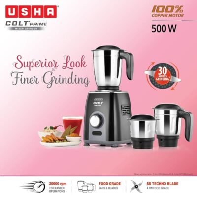 USHA Colt Prime Mixer Grinder| 500W| Powerful 100% Copper Motor| Rust Resistant Stainless Steel Jars & Blades| Uniform Grinding with 3 Jars| 5 Years Motor Warranty