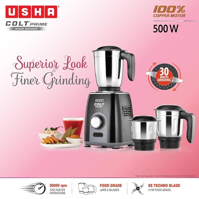 USHA Colt Prime Mixer Grinder| 500W| Powerful 100% Copper Motor| Rust Resistant Stainless Steel Jars & Blades| Uniform Grinding with 3 Jars| 5 Years Motor Warranty