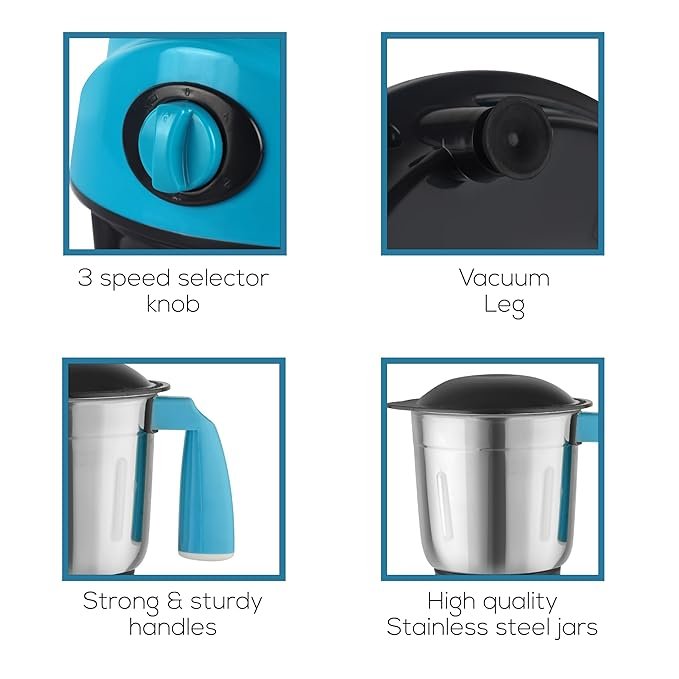 Cello Kitchenette Collection Hector Plus Mixer Grinder with 3 Jars and Juicer| 750 Watts | 3X Speed Control | Set of 3 | Blue & Black - Image 4