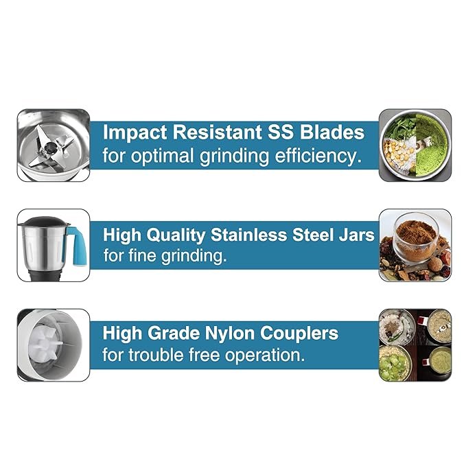 Cello Kitchenette Collection Hector Plus Mixer Grinder with 3 Jars and Juicer| 750 Watts | 3X Speed Control | Set of 3 | Blue & Black - Image 3