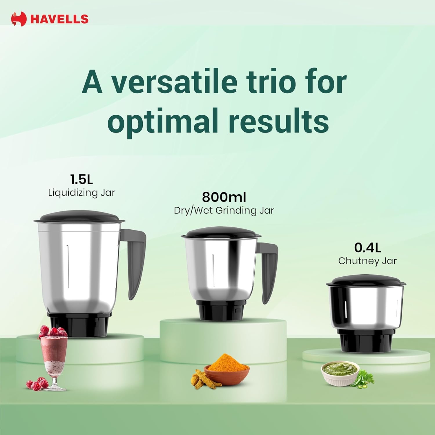 Havells Capture 500W Mixer Grinder 3 Stainless Steel Jars | 21000 RPM High-Speed Motor | Rust-Resistant 304 SS Blades | 1.5L Large Blending Jar | Overheat Protection | 1-Year Warranty (Black) - Image 2
