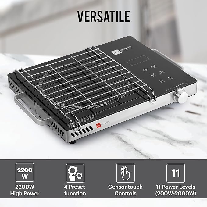 Cello Induction Cooker Blazing 800+ Infra Ceramic Plate 2200 Watt Induction Cooktop with BBQ Grill, Soft Touch Button with Crystal Glass (Black) - Image 2