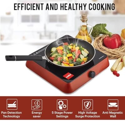 Cello Induction Cooker Blazing 600+ | 1800 Watt Induction Cooktop | 2-in-1 knob design with Grade Crystal Shiny Glass Plate | Compact and Portable | Multi-Purpose Use | Red