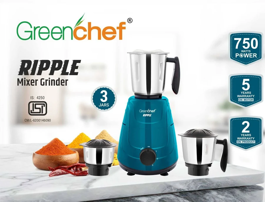 Greenchef Ripple 750W Mixer Grinder with 3 Stainless Steel ... - Image 2