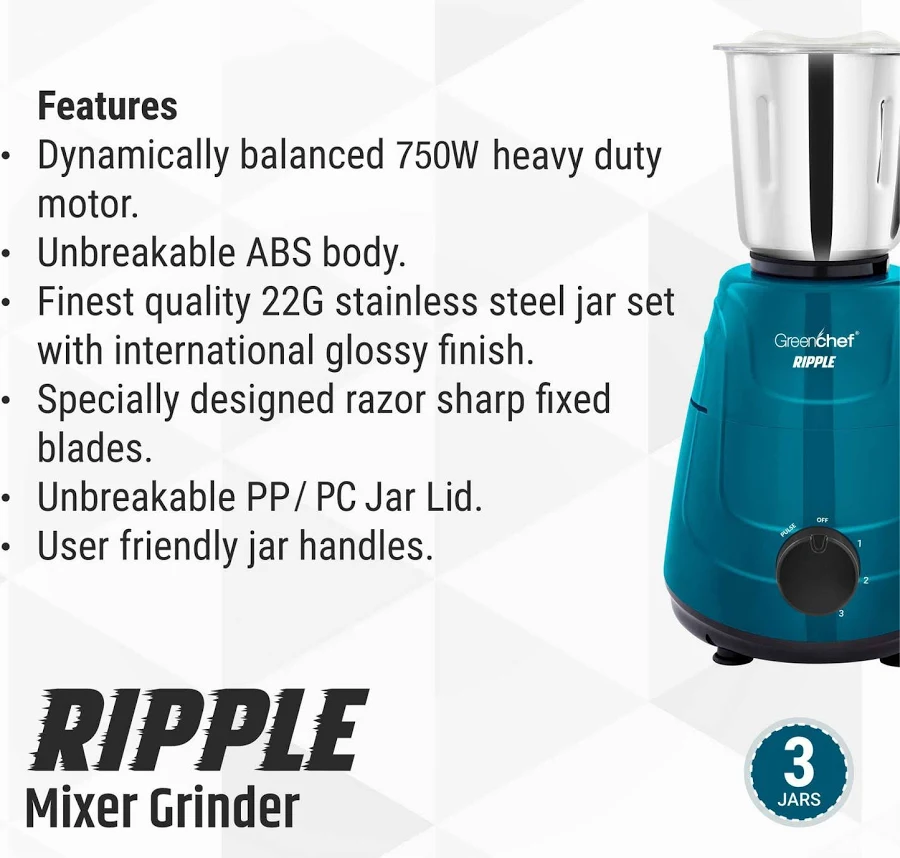 Greenchef Ripple 750W Mixer Grinder with 3 Stainless Steel ... - Image 3